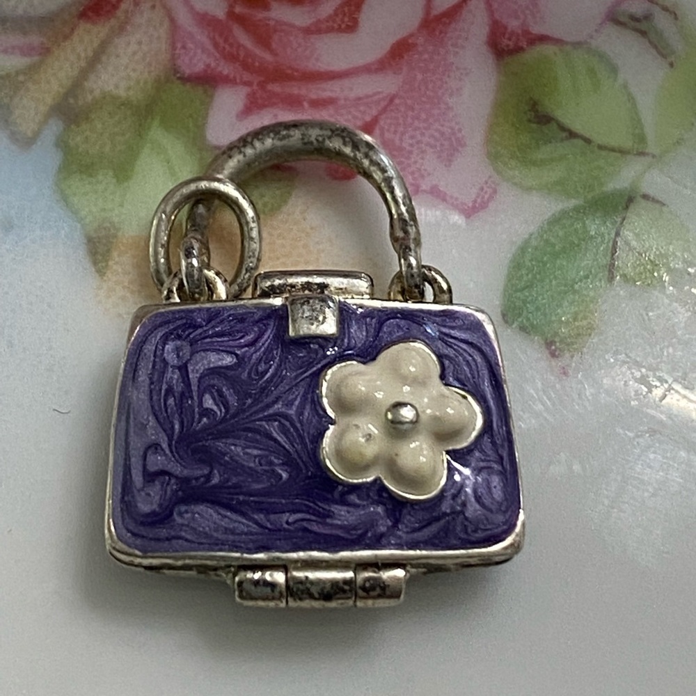 Vintage Articulated Enamel Over Sterling Purple Purse W/Flower Charm